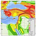 世界地震ハザード評価プログラム（GSHAP）によるトルコで、今後50年間に表面最大加速度的に地震が所定の露出時間の間の揺れが10%以上の確率で生じる可能性を表した震災危険度マップ