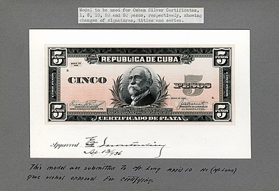 Gómez retratado na prova de artista/progresso desenhada pelo Bureau of Engraving and Printing para Certificados de prata cubanos (1936).