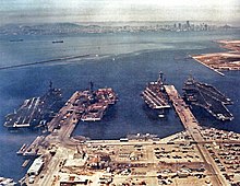 Carriers Coral Sea, Hancock, Oriskany and Enterprise at Alameda, in 1974 US carriers at Alameda 1974 (colour).jpg