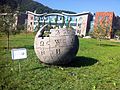 The sculpture of the logo of Wikipedia, prior to being submerged in Lake Sevan in Armenia, in 2016