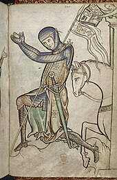 Chevalier s'apprêtant à partir en croisade (psautier de Westminster, XIIIe siècle).