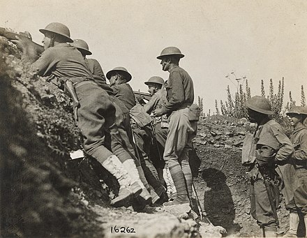Doughboys of Company B, 328th Infantry Regiment, 82nd Division, serving in a front line trench, France, 1 July 1918 111-SC-16262 - NARA - 55192626 (cropped) (cropped).jpg