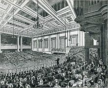 A meeting of the Anti-Corn Law League in Exeter Hall in 1846 1846 - Anti-Corn Law League Meeting.jpg