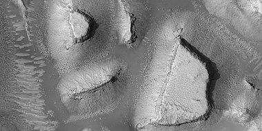 Mesas, as seen by HiRISE under HiWish program. Note: this is an enlargement of a previous image.