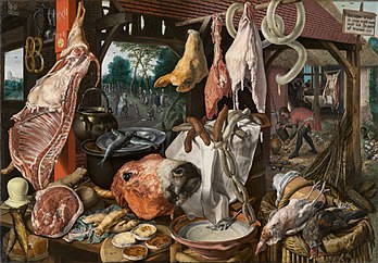 Étal de viande avec la Sainte Famille faisant l'aumône durant la Fuite en Égypte, nature morte inversée de Pieter Aertsen (1551, North Carolina Museum of Art). (définition réelle 6 480 × 4 512)