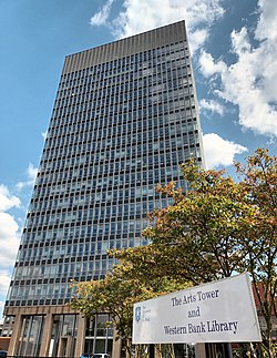 Arts Tower, the tallest academic building in the UK houses the School of Architecture Arts Tower, Sheffield (2022).jpg