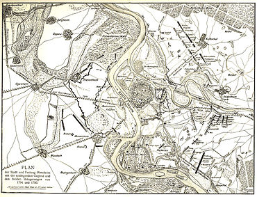 Old map of the 1794 and 1795 sieges of Mannheim labeled in German