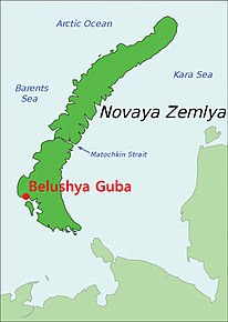 Belushya Guba shown on a map of Novaya Zemlya