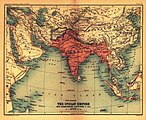 "इम्पीरियल गैज़ेटियर ऑफ़ इण्डिया" का आधिकारिक मानचित्र, नाम: भारत और पड़ोसी देश। इसमें बाहरी रेखा ब्रिटिश राज और चीनी साम्राज्य की सीमारेखा दिखाती है।