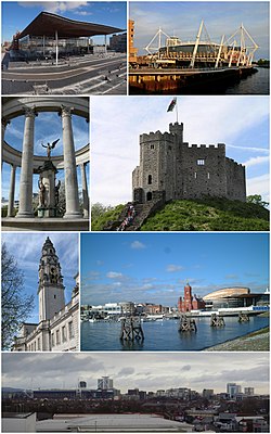 По часовой стрелке сверху слева: Сенедд, стадион княжества, Норманнская крепость, Кардиффский залив, центр Кардиффа, башня с часами мэрии, Валлийский национальный военный мемориал.