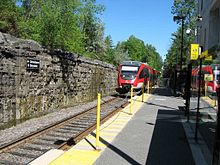 The Trillium Line in Ottawa was built along a freight railway and is still occasionally used by freight traffic overnight. Carling O-Train Station.jpg