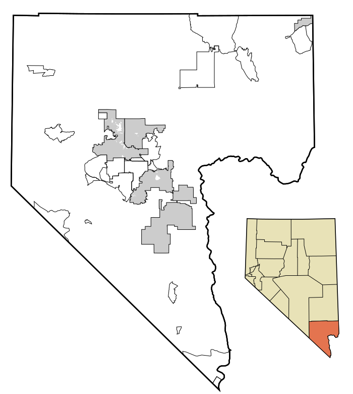 Carte du Comté de Clark, Nevada délimitant les villes incorporées.