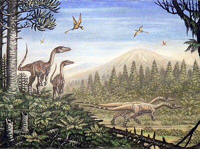 Recreació de Coelophysis i de Peteinosaurus en el seu medi