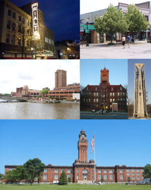 Clockwise from top left: Rialto Square Theater (Joliet), Downtown Crystal Lake, Moser Tower (Naperville), Old DuPage County Courthouse (Wheaton), Great Lakes Naval Training Station (North Chicago) and Downtown Aurora.