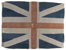 The Union Jack flown on HMS Queen Charlotte, the Royal Navy flagship during the Glorious First of June in 1794. As is common for the period, the flag is an approximation of the Union Jack's proper specification. Command flag, Admiral of the Fleet, RN (before 1801) RMG L4480.tiff