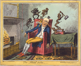 Карикатура, изображающая головную боль Джордж Крукшенк, 1819