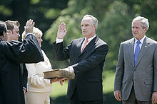 Kempthorne is sworn in as Secretary of the Interior on June 7, 2006. Dirk Kempthorne sworn in as Secretary of Interior, June 7, 2006.jpg