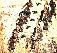 Tang soldiers holding shields Dunhuang Tang mural shieldbearers.jpg