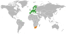 Evropská unie (zeleně) a Jihoafrická republika (oranžově) na mapě světa