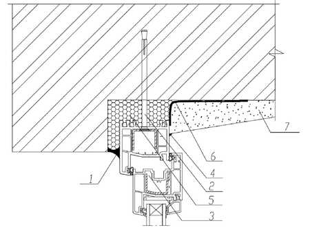 1 — паропроницаемый герметик; 2 — рамный дюбель; 3 — декоративная заглушка; 4 — герметик; 5 — пенный утеплитель; 6 — пароизоляционный герметик; 7 — штукатурный раствор Рисунок В.2a — Узел верхнего (бокового) примыкания оконного блока к проему с четвертью в стене из кирпича с применением паропроницаемого герметика с отделкой внутреннего откоса штукатурным раствором