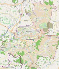 Mapa konturowa Jastrzębia-Zdroju, blisko centrum po lewej na dole znajduje się punkt z opisem „Hala Widowiskowo-Sportowa”