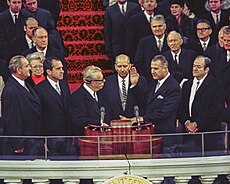 Four vice presidents: (from left) outgoing president Lyndon B. Johnson (the 37th vice president), incoming president Richard Nixon (36th), (Everett Dirksen administering oath), incoming vice president Spiro Agnew (39th), and outgoing vice president Hubert Humphrey (38th), January 20, 1969 Johnson, Nixon, Agnew, Humphrey cropped.jpg