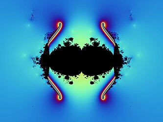 Mandelbrot set constructed using two different critical points; shows boundary in the upper half part and continuous colouring