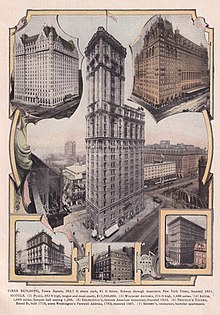 Color portrait of the Times Tower, published in the 1910 book "King's Color-graphs of New York City". There are small portraits of other buildings on each corner of the Times Tower portrait.