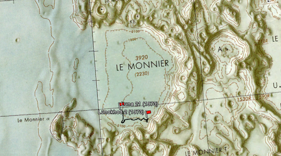 Carte montrant le trajet du Lunokhod 2 dans le cratère Le Monnier.