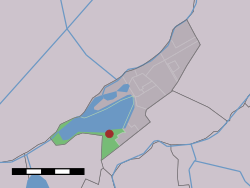 The hamlet (dark red) and the statistical district (light green) of Calslagen in the municipality of Aalsmeer.