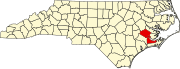 Harta statului North Carolina indicând comitatul Craven