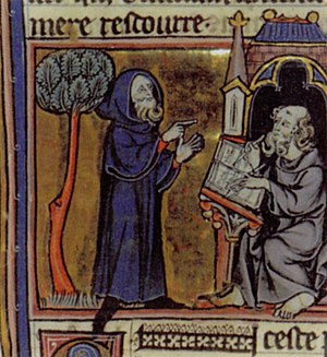 Merlin dictating his prophecies to his scribe,...
