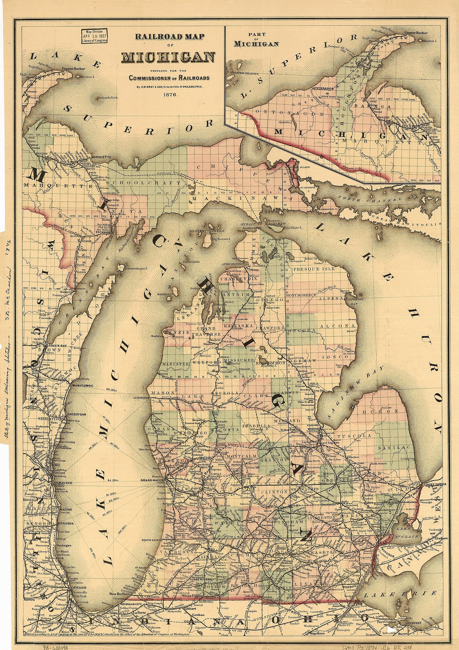 На этой карте 1876 года показано графство Чебойган между округами Эммет и Преск-Айл.