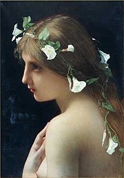 Beauty is a dominant theme in western art, as evidenced in Nymph with morning glory flowers by Jules Joseph Lefebvre.