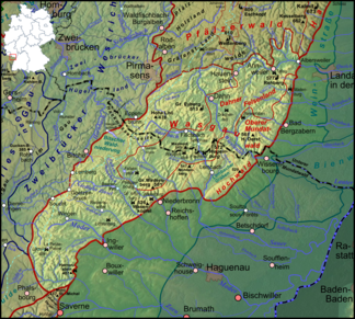 Lage des Wasgaus (aufgehellt) im Südteil des Pfälzerwaldes und im Nordteil der Vogesen