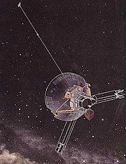 Artist's conception of Pioneer 10, which passed the orbit of Pluto in 1983. The last transmission was received in January 2003, sent from approximately 82 AU away. The 35-year-old space probe is now receding from the Sun at over 43,400 km/h (27,000 mph).