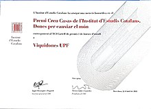 certificate awarded by Institut d'Estudis Catalans