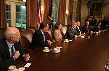 McCain (far left) participates in a bipartisan meeting with President Bush and members of Congress, including Barack Obama (far right), regarding the proposed bailout of U.S. financial system, September 25, 2008 President George W. Bush bipartisan economic meeting Congress, McCain, Obama.jpg