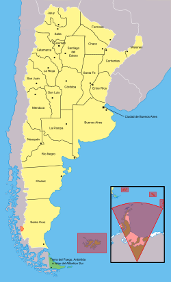 แผนที่ประเทศอาร์เจนตินาแสดงที่ตั้งรัฐติเอร์ราเดลฟูเอโก