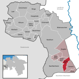 Läget för staden Schüttorf i Landkreis Grafschaft Bentheim