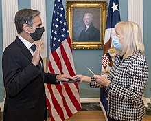 Blinken being sworn in as Secretary of State at the U.S. State Department on January 26, 2021. Secretary Blinken is Sworn in as Secretary of State (50878397918).jpg