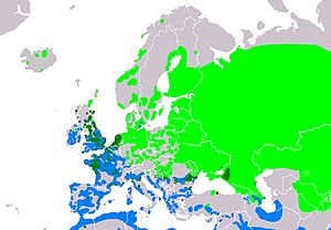 Vivejoj en Eŭropo ﻿ Reproduktaj teritorioj ﻿ Ĉiujare prezencoj ﻿ Vintrejoj