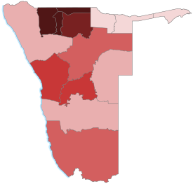 Puhujamäärät suhteutettuna Namibian alueisiin 2011.