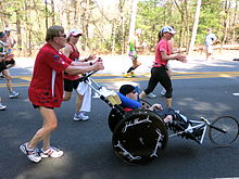 Team Hoyt at ~12.8 miles on the Marathon course on April 16, 2012 Team Hoyt April 16, 2012.JPG
