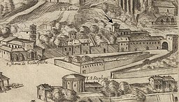 Sant'Anna de Marmorata (vid den svarta pilen) på Antonio Tempestas vy över Rom från år 1593 (reviderad av Giovanni Domenico De Rossi år 1645).