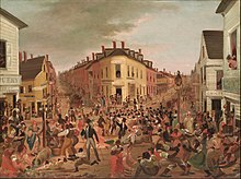 Five Points streets intersection painted by George Catlin in 1827. Anthony Street veers off to the left, Orange Street is to the right, and Cross Street runs left to right in the foreground. The dilapidated tenement buildings to the left of Anthony Street were torn down in 1832 as far back as Little Water Street, and the vacant, triangular lot that was left became known as "Paradise Square". The Five Points MET DP265419 altered.jpg