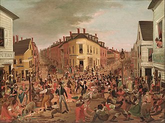 Tableau en couleurs représentant un carrefour animé entre deux rues, dans lequel de nombreuses personnes se battent et courent.