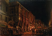 A painting by Alfred George Palmer of election night outside Exeter Guildhall in the collection of the Royal Albert Memorial Museum (333/1997). The Guildhall on Election Night, 1880.jpg