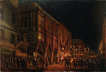 Exeter Guildhall on the night of the 1880 United Kingdom general election, painted by Alfred George Palmer