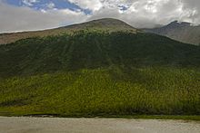 Гора, поднимающаяся из реки с коричневатой водой у основания. Его нижние склоны зеленые с разбросанными вечнозелеными деревьями, уступая место гораздо более густому лесному покрову на полпути. Вверху он резко уступает место обнаженной скале с некоторым зеленым почвопокровным покровом. Над ним частично облачное небо.